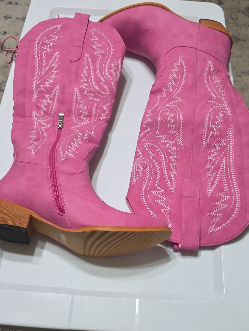 Women's Pink Western-Style Knee Boots with Embroidered Detail